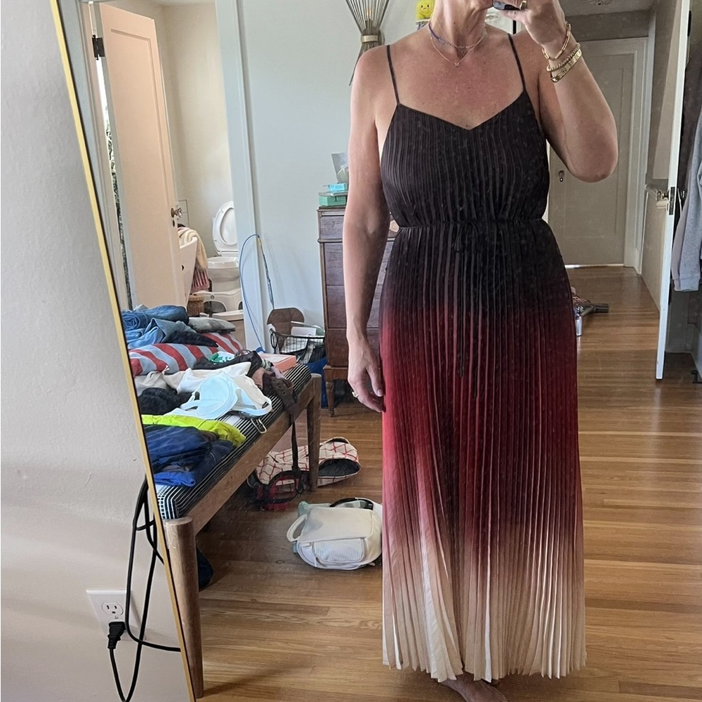 🪅Banana Republic Brown/Orange Ombré Pleated Midi Dress Spaghetti Straps L Tall - Picture 13 of 13